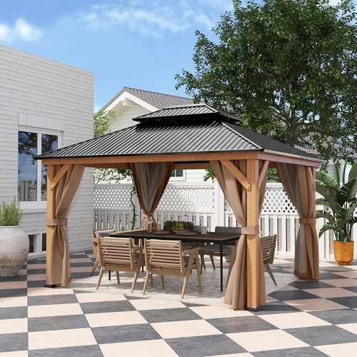 11x13 Wood Gazebo With Durable Outdoor Galvanized Steel Roof Netting