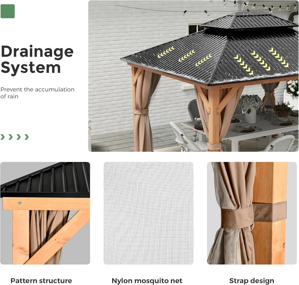 11x13 Wood Gazebo With Durable Outdoor Galvanized Steel Roof Netting