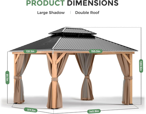 11x13 Wood Gazebo With Durable Outdoor Galvanized Steel Roof Netting