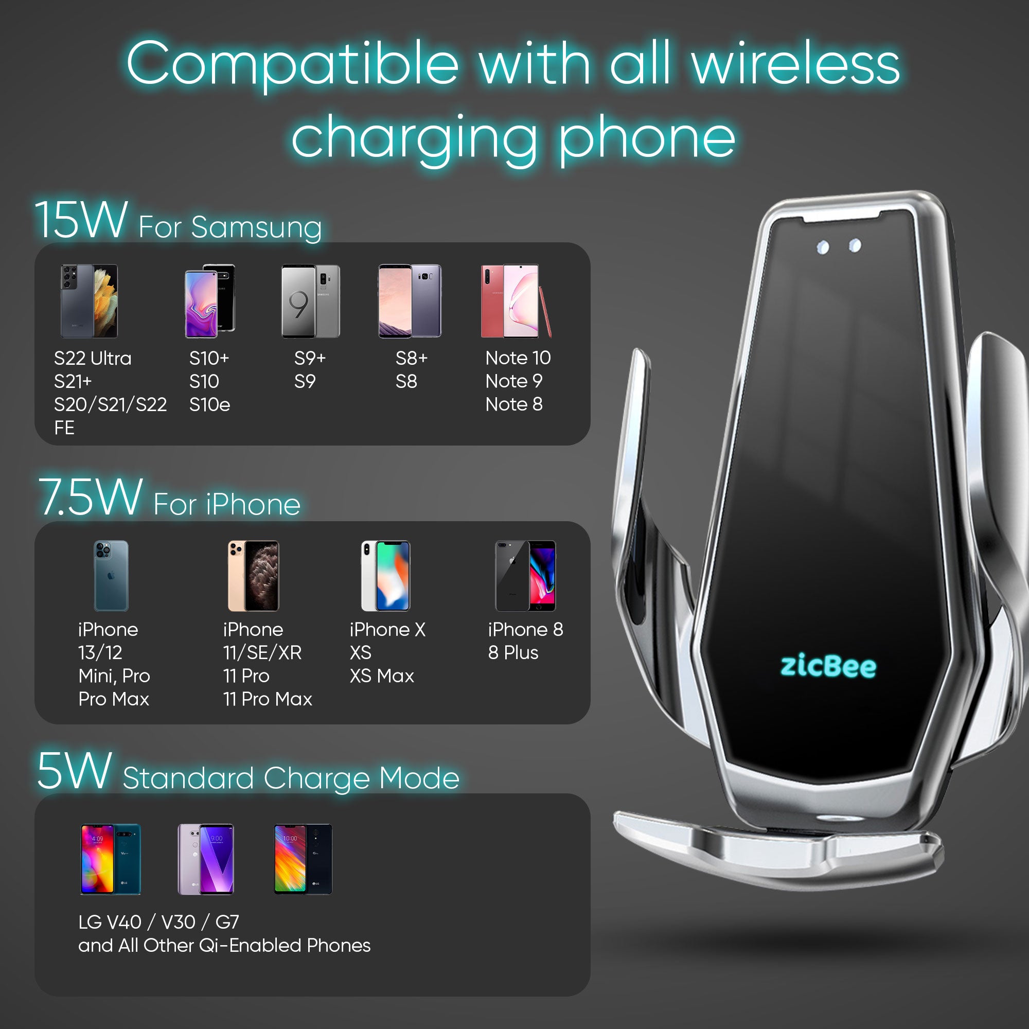 15W Wireless Car Charger for iPhone & Android phones